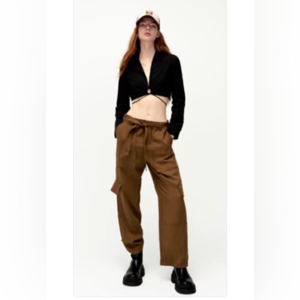 NWT Zara linen cotton khaki cargo pants XS